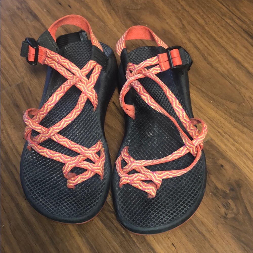orange and pink chacos
